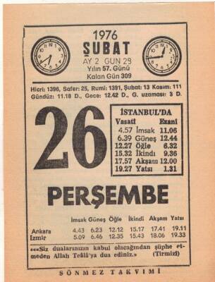 26 Şubat 1976 Takvim Yaprağı EFM(N)5292 - 1