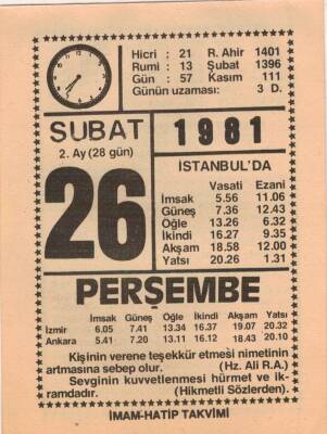 26 Şubat 1981 Takvim Yaprağı EFM(N)5433 - 1