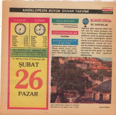 26 Şubat 1984 Takvim Yaprağı EFM(N)5180 - 1