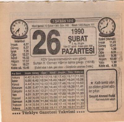 26 Şubat 1990 Takvim Yaprağı EFM(N)5209 - 1