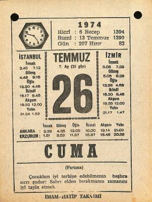 26 Temmuz 1974 Takvim Yaprağı - Doğum Günü Hediyesi EFM(N)12222 - 1