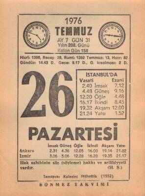 26 Temmuz 1976 Takvim Yaprağı EFM(N)2140 - 3