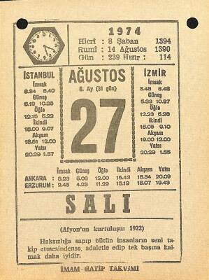 27 Ağustos 1974 Takvim Yaprağı - Doğum Günü Hediyesi EFM(N)12184 - 1