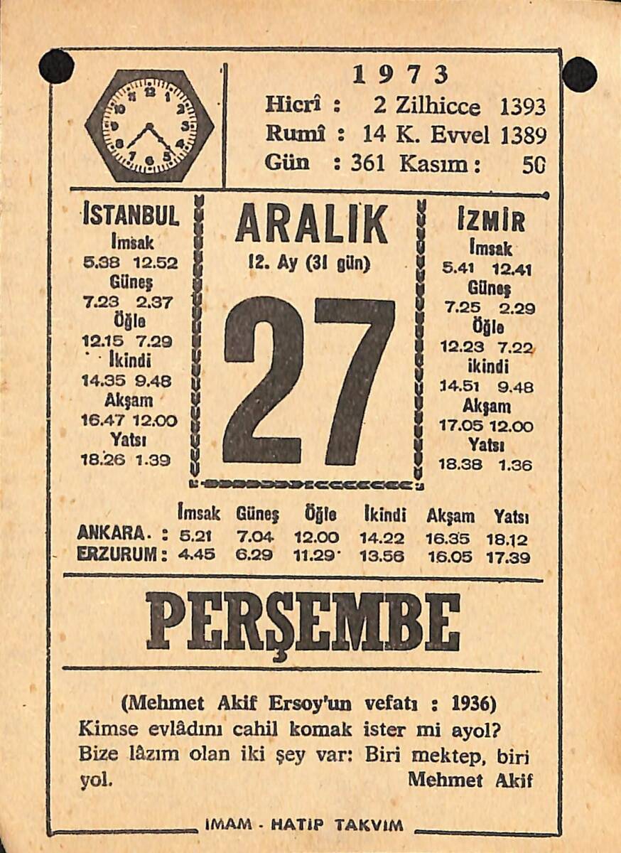 27 Aralık 1973 Takvim Yaprağı - Doğum Günü Hediyesi EFMN13660 - 1