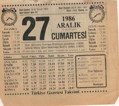 27 Aralık 1986 Takvim Yaprağı EFM(N)4339 - 3