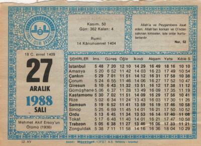 27 Aralık 1988 Takvim Yaprağı EFM(N)4493 - 3