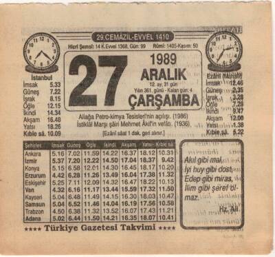 27 Aralık 1989 Takvim Yaprağı EFM(N)4217 - 2