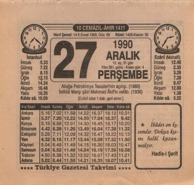 27 Aralık 1990 Takvim Yaprağı EFM(N)4155 - 2