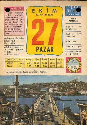 27 Ekim 1974 Takvim Yaprağı - Doğum Günü Hediyesi EFM(N)10393 - 4