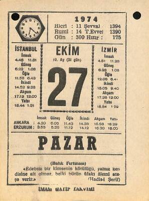 27 Ekim 1974 Takvim Yaprağı - Doğum Günü Hediyesi EFM(N)10588 - 4