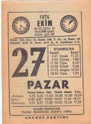 27 Ekim 1974 Takvim Yaprağı EFM(N)2997 - 3