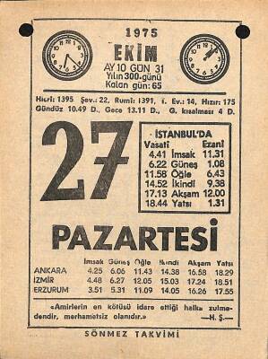 27 Ekim 1975 Takvim Yaprağı - Doğum Günü Hediyesi EFM(N)12547 - 1