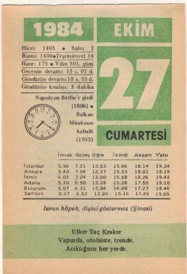 27 Ekim 1984 Takvim Yaprağı EFM(N)3028 - 3