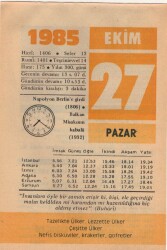 27 Ekim 1985 Takvim Yaprağı EFM(N)3059 - 3