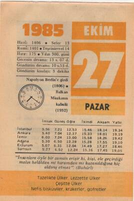 27 Ekim 1985 Takvim Yaprağı EFM(N)3059 - 3