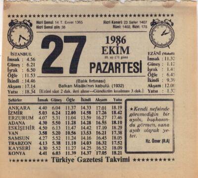 27 Ekim 1986 Takvim Yaprağı EFM(N)3090 - 3