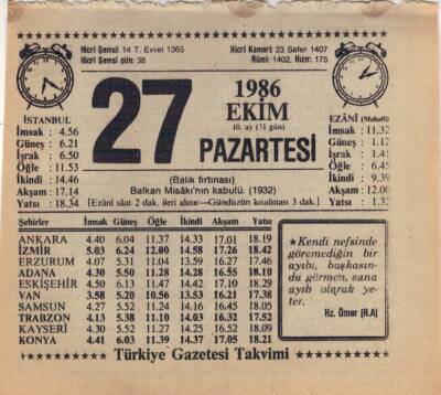 27 Ekim 1986 Takvim Yaprağı EFM(N)3090 - 2