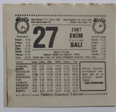 27 Ekim 1987 Takvim Yaprağı - Doğum Günü Hediyesi EFM(N)7135 - 1