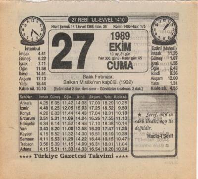 27 Ekim 1989 Takvim Yaprağı EFM(N)3121 - 3