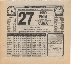 27 Ekim 1989 Takvim Yaprağı EFM(N)3121 - 2