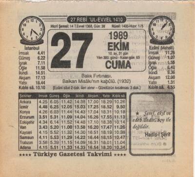 27 Ekim 1989 Takvim Yaprağı EFM(N)3121 - 1