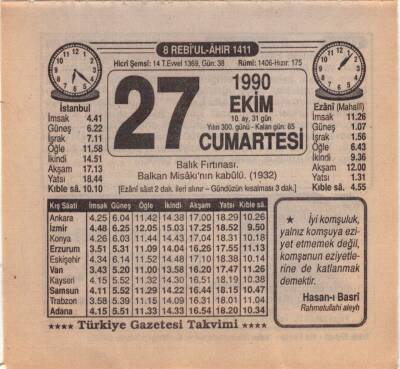 27 Ekim 1990 Takvim Yaprağı EFM(N)3152 - 3