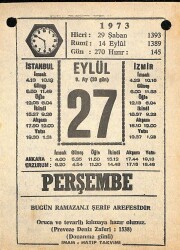 27 Eylül 1973 Takvim Yaprağı - Doğum Günü Hediyesi EFM(N)9873 - 1