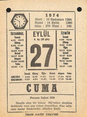 27 Eylül 1974 Takvim Yaprağı - Doğum Günü Hediyesi EFM(N)12346 - 1