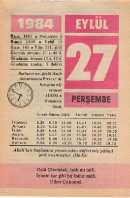 27 Eylül 1984 Takvim Yaprağı EFM(N)2797 - 3