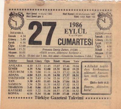 27 Eylül 1986 Takvim Yaprağı EFM(N)2848 - 4