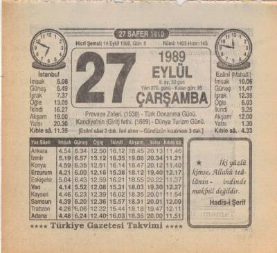 27 Eylül 1989 Takvim Yaprağı EFM(N)2865 - 3