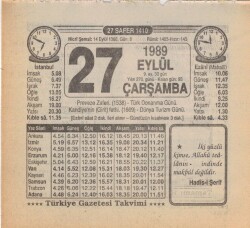 27 Eylül 1989 Takvim Yaprağı EFM(N)2865 - 1