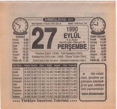 27 Eylül 1990 Takvim Yaprağı EFM(N)2882 - 2