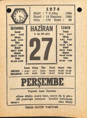 27 Haziran 1974 Takvim Yaprağı - Doğum Günü Hediyesi EFM(N)12134 - 1