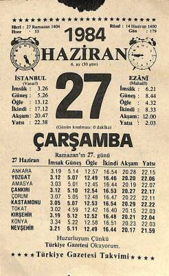 27 Haziran 1984 Takvim Yaprağı - Doğum Günü Hediyesi EFM(N)11258 - 1