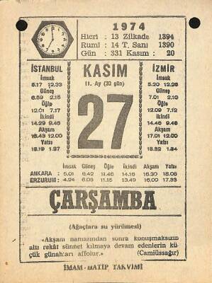 27 Kasım 1974 Takvim Yaprağı - Doğum Günü Hediyesi EFM(N)10789 - 2