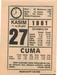 27 Kasım 1981 Takvim Yaprağı EFM(N)4279 - 3