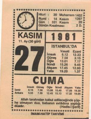 27 Kasım 1981 Takvim Yaprağı EFM(N)4279 - 2