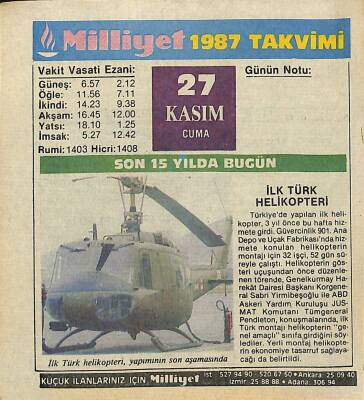 27 Kasım 1987 Takvim Yaprağı - Doğum Günü Hediyesi EFM(N)11852 - 1