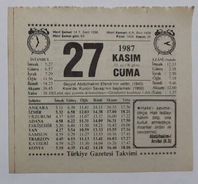 27 Kasım 1987 Takvim Yaprağı - Doğum Günü Hediyesi EFM(N)7166 - 1