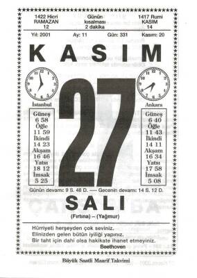 27 Kasım 2001 Takvim Yaprağı Doğum Günü Hediyesi EFM(N)4031 - 3