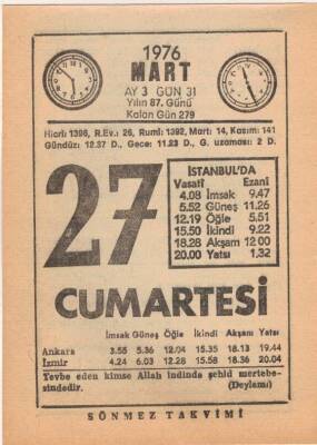 27 Mart 1976 Takvim Yaprağı EFM(N)5968 - 2