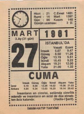 27 Mart 1981 Takvim Yaprağı EFM(N)6028 - 3