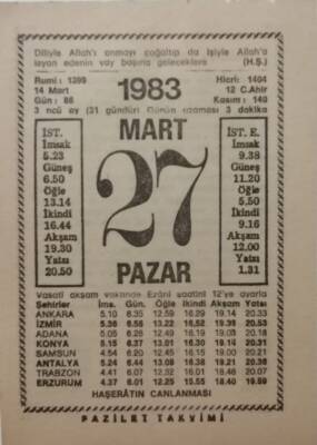 27 Mart 1983 Takvim Yaprağı - Doğum Günü Hediyesi EFM(N)7940 - 2