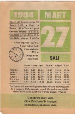 27 Mart 1984 Takvim Yaprağı EFM(N)6090 - 3