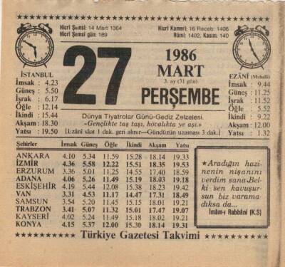 27 Mart 1986 Takvim Yaprağı EFM(N)5937 - 3