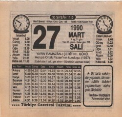 27 Mart 1990 Takvim Yaprağı EFM(N)5999 - 3