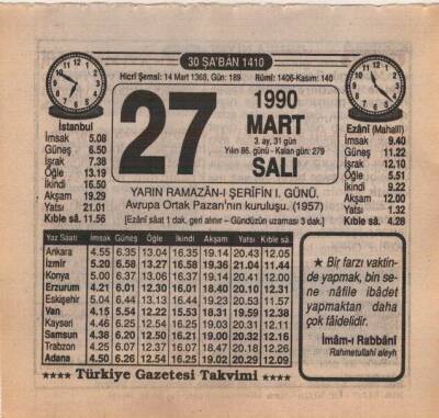 27 Mart 1990 Takvim Yaprağı EFM(N)5999 - 3