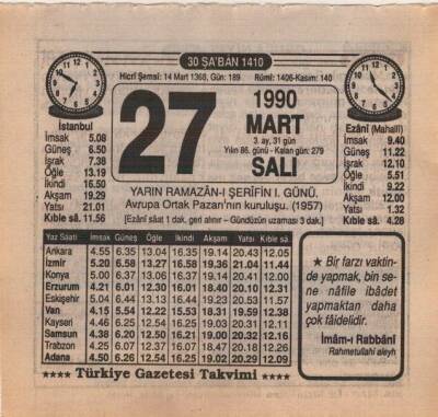 27 Mart 1990 Takvim Yaprağı EFM(N)5999 - 1