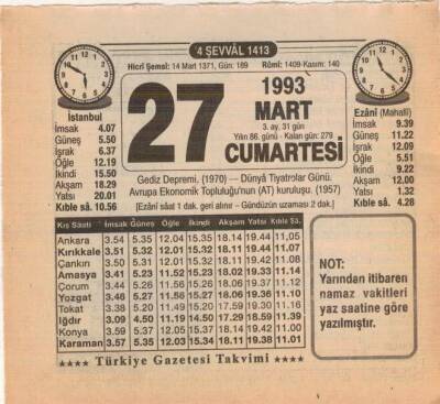 27 Mart 1993 Takvim Yaprağı EFM(N)6059 - 3